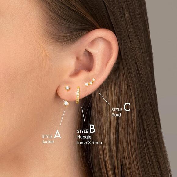 3 Pairs Huggie Gold Hoop Jacket Studs Earring Stack Hypoallergenic for Women - Picture 4 of 6